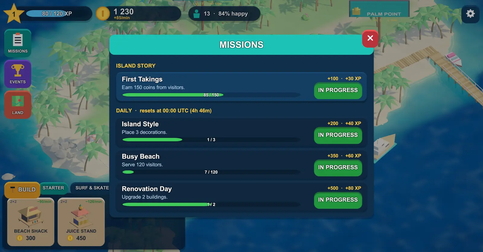 The missions screen listing story goals.
