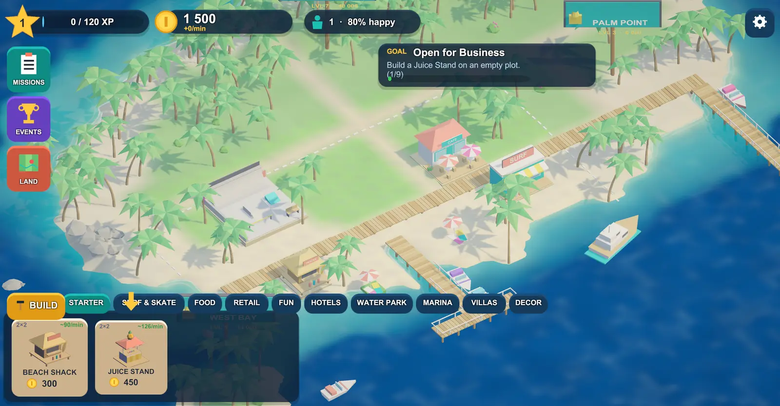 The starting island, Sunset Beach, with an empty plot, a boardwalk, a surf shop and boats in the bay.
