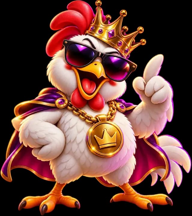 The Dumbest Championship mascot: a crowned rooster in sunglasses, a purple cape and a gold crown medallion.